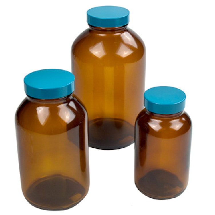 32 oz. Safety-Coated Amber Glass Wide Mouth Bottle with 53/400 Cap with F217 & PTFE Liner