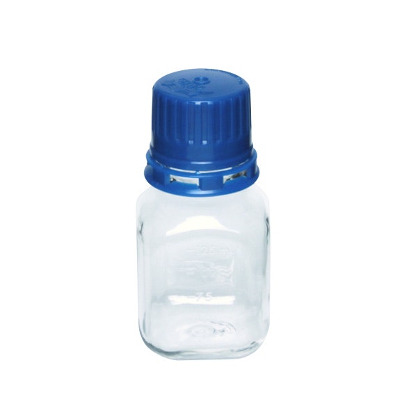 125mL PETG Graduated Square Sterile Bottles with 38/430  Blue Tamper Evident Caps