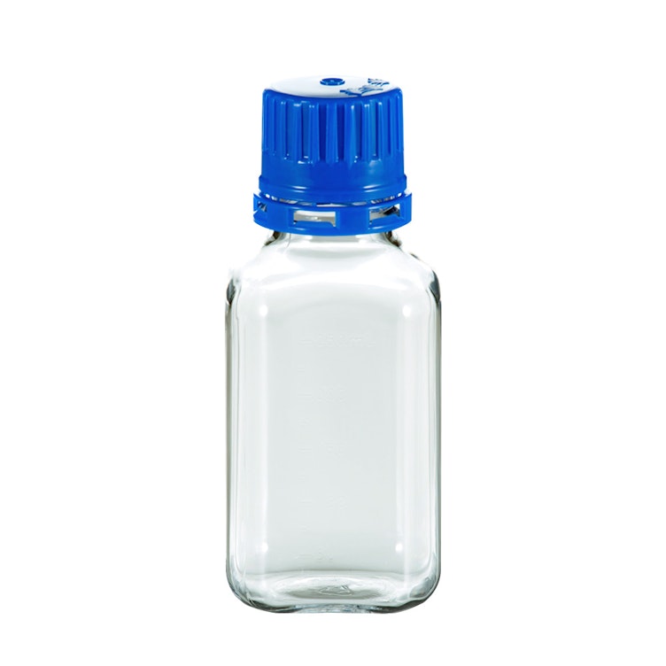 250mL PETG Graduated Square Sterile Bottles with 38/430  Blue Tamper Evident Caps