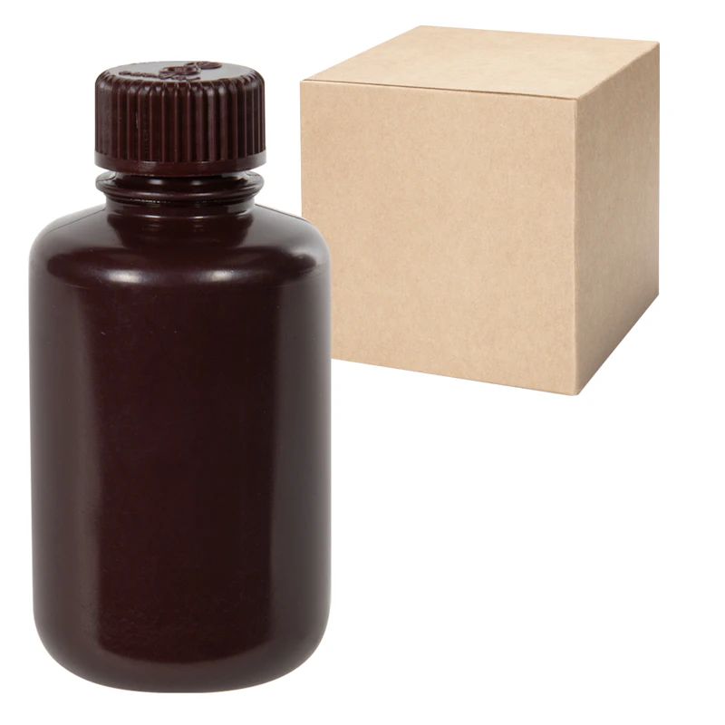 4 oz./125mL Nalgene™ HDPE Narrow Mouth Amber Bottles with 24mm Caps - Case of 72