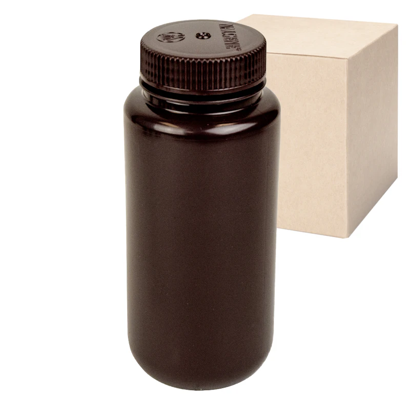 16 oz./500mL Nalgene™ Lab Quality Amber HDPE Wide Mouth Bottles with 53mm Caps - Case of 48