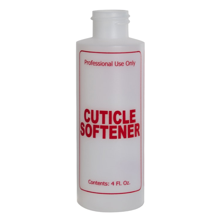 4 oz. Natural HDPE Cylinder Bottle with 24/410 Neck & Red "Cuticle Softener" Embossed (Caps Sold Separately)