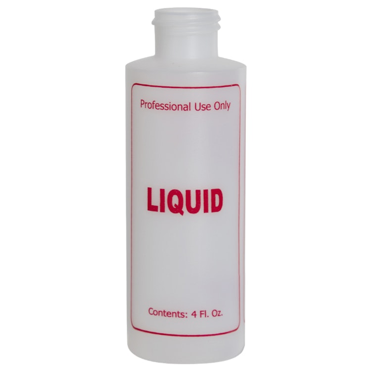 4 oz. Natural HDPE Cylinder Bottle with 24/410 Neck & Red "Liquid" Embossed (Caps Sold Separately)