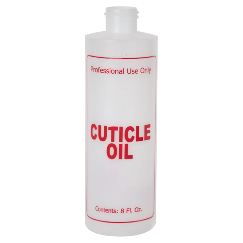 8 oz. Natural HDPE Cylinder Bottle with 24/410 Neck & Red "Cuticle Oil" Embossed (Cap sold Separately)