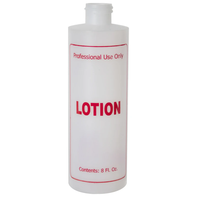 8 oz. Natural HDPE Cylinder Bottle with 24/410 Neck & Red "Lotion" Embossed (Cap sold Separately)