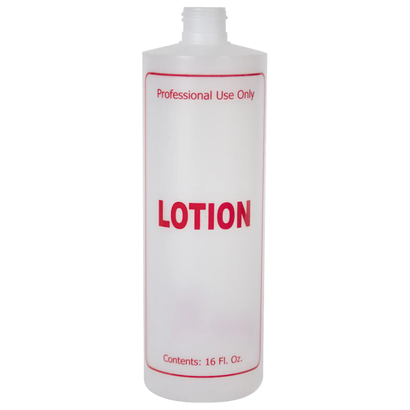 16 oz. Natural HDPE Cylinder Bottle with 24/410 Neck & Red "Lotion" Embossed (Cap sold Separately)