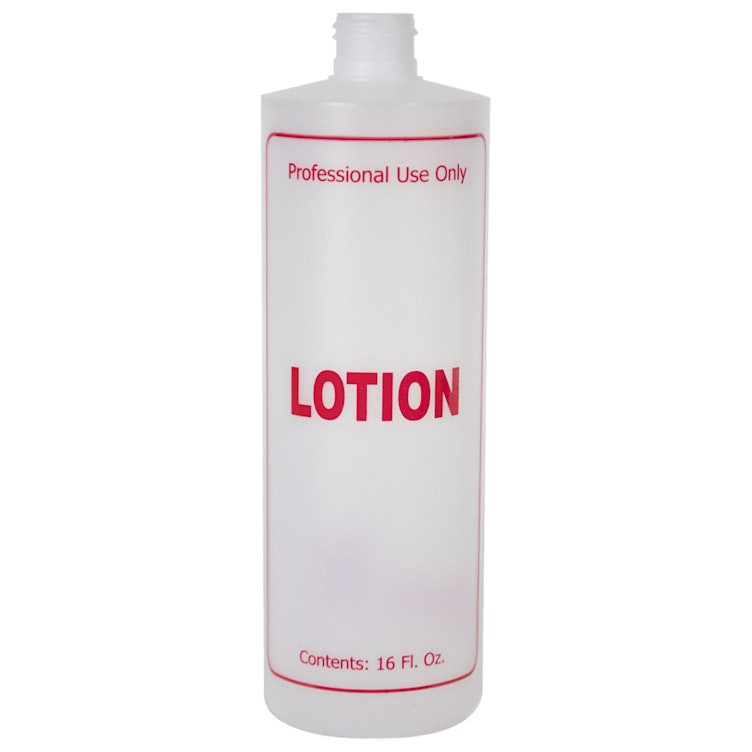 16 oz. Natural HDPE Cylinder Bottle with 24/410 Neck & Red "Lotion" Embossed (Caps Sold Separately)