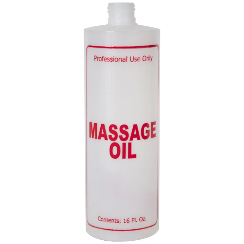 16 oz. Natural HDPE Cylinder Bottle with 24/410 Neck & Red "Massage Oil" Embossed (Cap sold Separately)