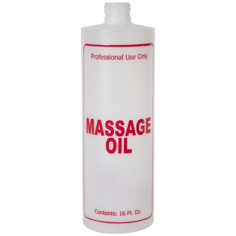 16 oz. Natural HDPE Cylinder Bottle with 24/410 Neck & Red "Massage Oil" Embossed (Caps Sold Separately)