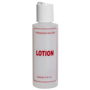 4 oz. Natural HDPE Cylinder Bottle with 24/410 White Dispensing Disc-Top Cap & Red "Lotion" Embossed