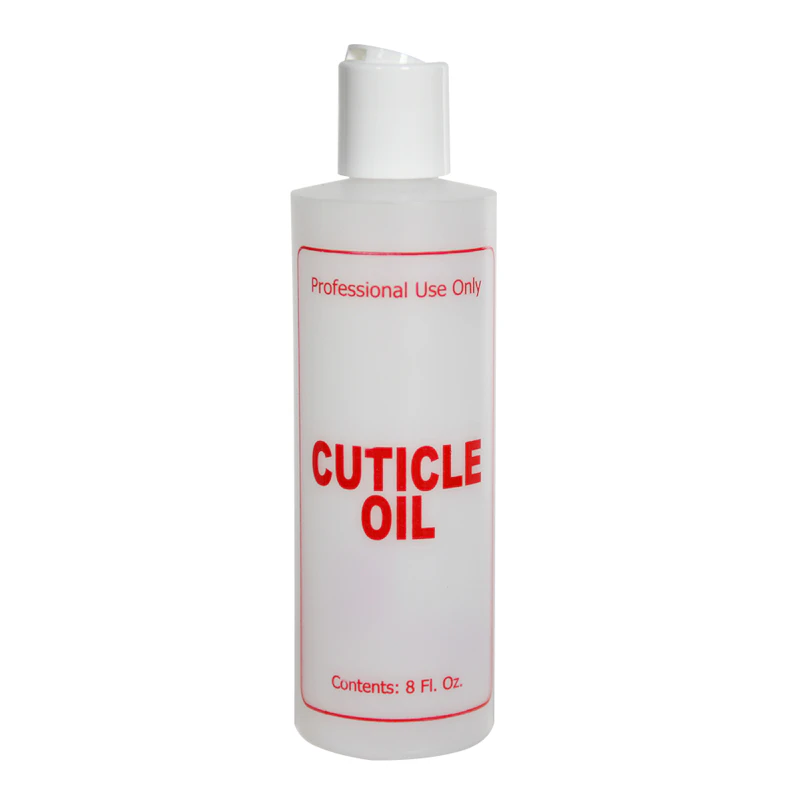 8 oz. Natural HDPE Cylinder Bottle with 24/410 White Polypropylene Disc-Top Dispensing Cap & Red "Cuticle Oil" Embossed