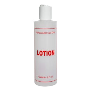 8 oz. Natural HDPE Cylinder Bottle with 24/410 White Dispensing Disc-Top Cap & Red "Lotion" Embossed