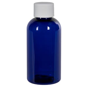 2 oz. Cobalt Blue PET Traditional Boston Round Bottle with 20/400 White Ribbed Cap with F217 Liner