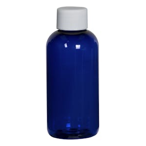 4 oz. Cobalt Blue PET Traditional Boston Round Bottle with 24/410 White Ribbed Cap with F217 Liner