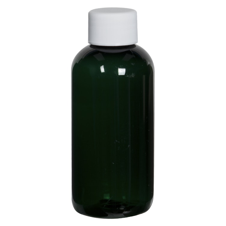 4 oz. Dark Green PET Traditional Boston Round Bottle with 24/410 White Ribbed Cap with F217 Liner