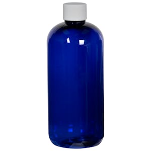 12 oz. Cobalt Blue PET Traditional Boston Round Bottle with 24/410 White Ribbed Cap with F217 Liner