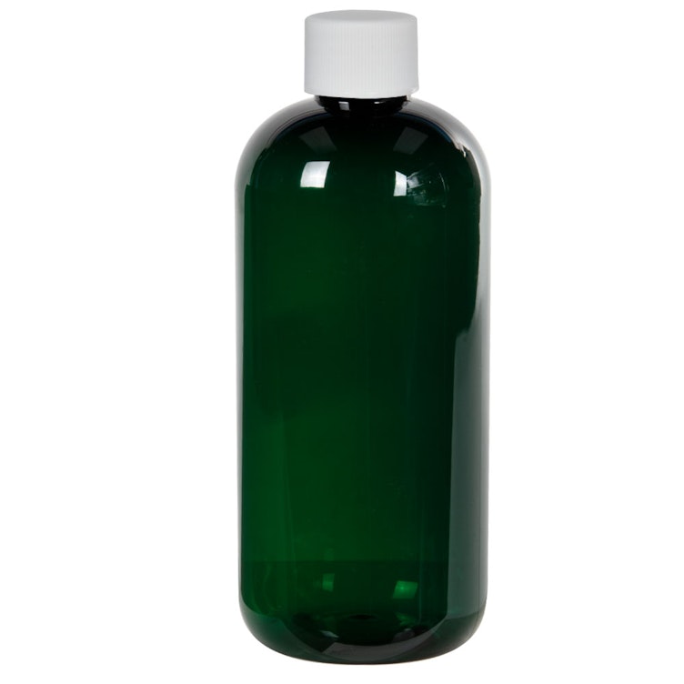 12 oz. Dark Green PET Traditional Boston Round Bottle with 24/410 White Ribbed Cap with F217 Liner