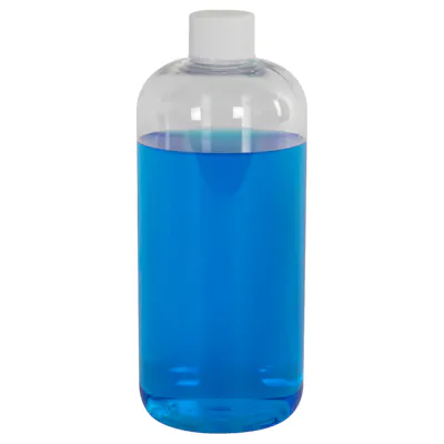 16 oz. Clear PET Traditional Boston Round Bottle with 24/410 White Ribbed Cap with F217 Liner