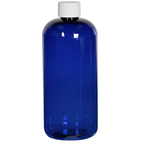 16 oz. Cobalt Blue PET Traditional Boston Round Bottle with 24/410 White Ribbed Cap with F217 Liner