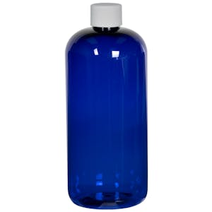 16 oz. Cobalt Blue PET Traditional Boston Round Bottle with 28/410 White Ribbed Cap with F217 Liner