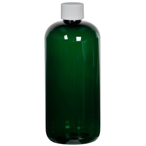 16 oz. Dark Green PET Traditional Boston Round Bottle with 28/410 White Ribbed Cap with F217 Liner