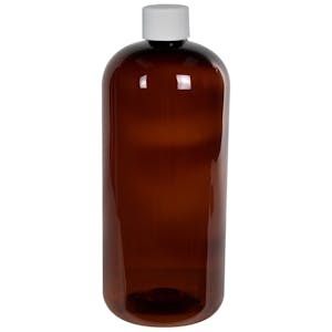 32 oz. Light Amber PET Traditional Boston Round Bottle with 28/410 White Ribbed Cap with F217 Liner