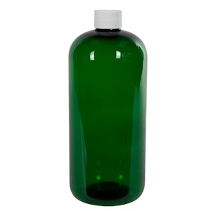 32 oz. Dark Green PET Traditional Boston Round Bottle with 28/410 White Ribbed Cap with F217 Liner