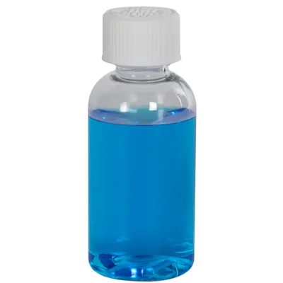 2 oz. Clear PET Traditional Boston Round Bottle with 20/400 White Ribbed CRC Cap with F217 Liner