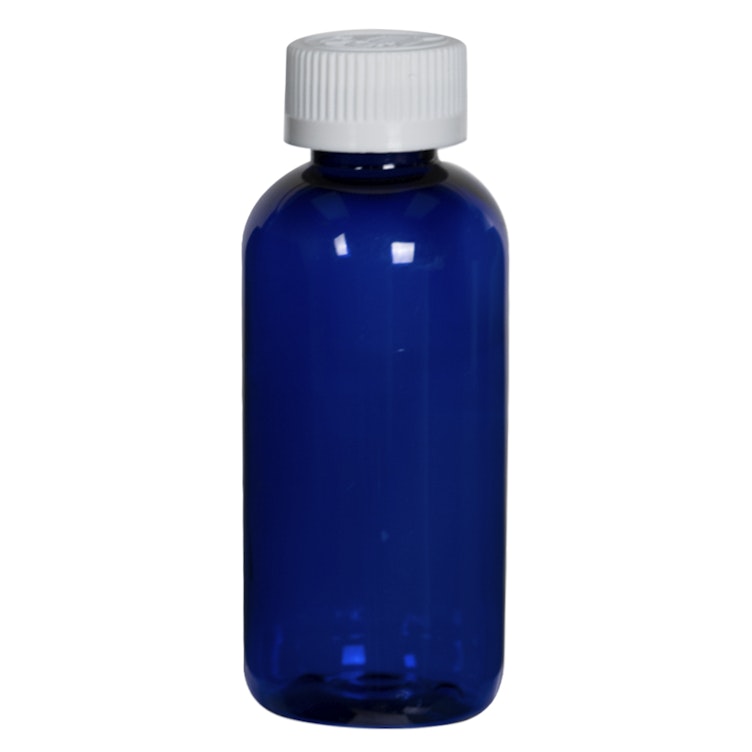 4 oz. Cobalt Blue PET Traditional Boston Round Bottle with 24/410 White Ribbed CRC Cap with F217 Liner