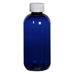 8 oz. Cobalt Blue PET Traditional Boston Round Bottle with 24/410 White Ribbed CRC Cap with F217 Liner