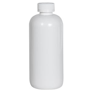 16 oz. White PET Traditional Boston Round Bottle with 24/410 White Ribbed CRC Cap with F217 Liner