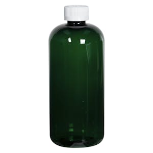 16 oz. Dark Green PET Traditional Boston Round Bottle with 24/410 White Ribbed CRC Cap with F217 Liner