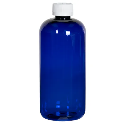 16 oz. Cobalt Blue PET Traditional Boston Round Bottle with 28/400 White Ribbed CRC Cap with F217 Liner