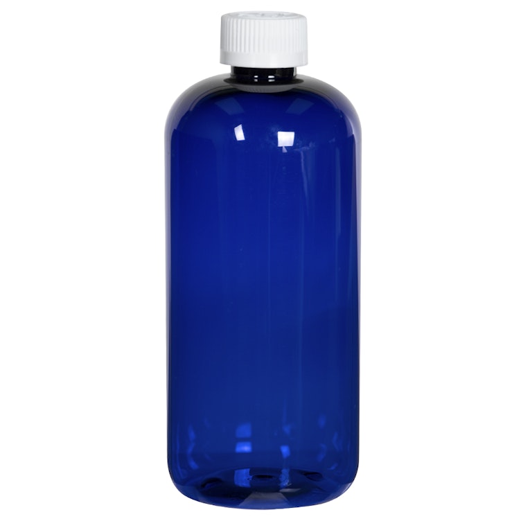 16 oz. Cobalt Blue PET Traditional Boston Round Bottle with 28/410 White Ribbed CRC Cap with F217 Liner