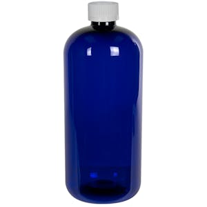 32 oz. Cobalt Blue PET Traditional Boston Round Bottle with 28/410 White Ribbed CRC Cap with F217 Liner