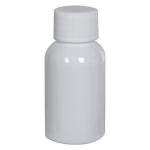 1 oz. White PET Squat Boston Round Bottle with 20/410 White Ribbed Cap with F217 Liner