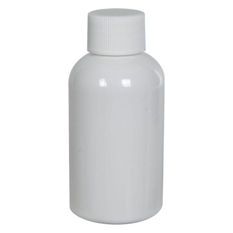 2 oz. White PET Squat Boston Round Bottle with 20/410 White Ribbed Cap with F217 Liner