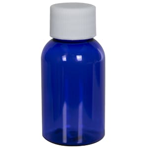 1 oz. Cobalt Blue PET Squat Boston Round Bottle with 20/410 White Ribbed Cap with F217 Liner