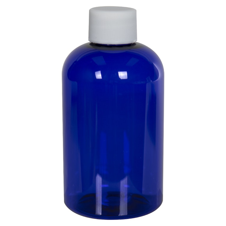 4 oz. Cobalt Blue PET Squat Boston Round Bottle with 20/410 White Ribbed Cap with F217 Liner