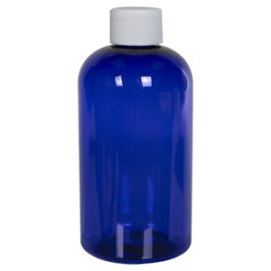 8 oz. Cobalt Blue PET Squat Boston Round Bottle with 24/410 White Ribbed Cap with F217 Liner