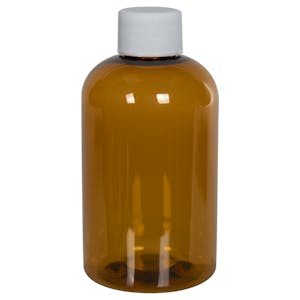 4 oz. Clarified Amber PET Squat Boston Round Bottle with 20/410 White Ribbed Cap with F217 Liner