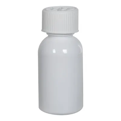1 oz. White PET Squat Boston Round Bottle with 20/410 White Ribbed Polypropylene Child-Resistant Cap (CRC) with F217 Liner