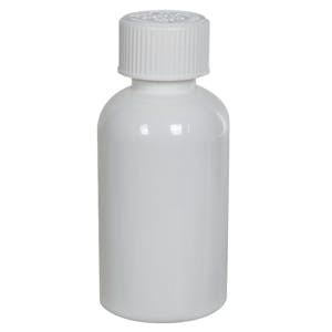 2 oz. White PET Squat Boston Round Bottle with 20/410 White Ribbed CRC Cap with F217 Liner