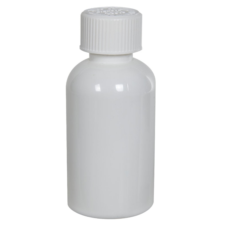 2 oz. White PET Squat Boston Round Bottle with 20/410 White Ribbed CRC Cap with F217 Liner