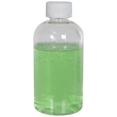6 oz. Clear PET Squat Boston Round Bottle with 24/410 White Ribbed Polypropylene Child-Resistant Cap (CRC) with F217 Liner