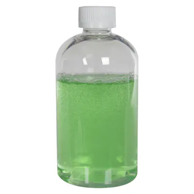 8 oz. Clear PET Squat Boston Round Bottle with 24/410 White Ribbed Polypropylene Child-Resistant Cap (CRC) with F217 Liner