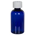 2 oz. Cobalt Blue PET Squat Boston Round Bottle with 20/410 White Ribbed CRC Cap with F217 Liner