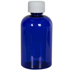 4 oz. Cobalt Blue PET Squat Boston Round Bottle with 20/410 White Ribbed CRC Cap with F217 Liner