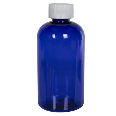 8 oz. Cobalt Blue PET Squat Boston Round Bottle with 24/410 White Ribbed Polypropylene Child-Resistant Cap (CRC) with F217 Liner