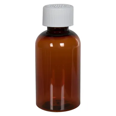 2 oz. Clarified Amber PET Squat Boston Round Bottle with 20/410 White Ribbed Polypropylene Child-Resistant Cap (CRC) with F217 Liner